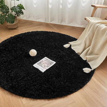 Andency Black Round Area Rug 5x5 for Bedroom, Fluffy Shag Circle Rug for Room, Faux Fur Carpet for Home Decor, Fuzzy Plush Circular Rug for Living Room, Playroom
