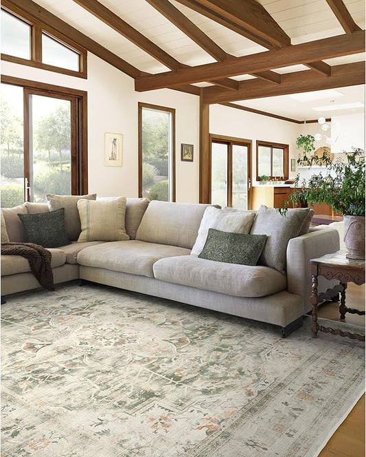 RUGGABLE Washable Vintage Area Rug – Sarrah Sage 9x12, Stain-Resistant, Non-Slip – Large Machine Washable Rugs for Living Room, Bedroom, Hallway, Entryway & Office–with Standard Pad