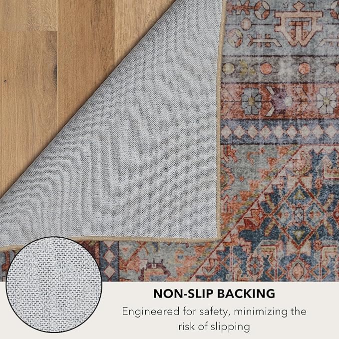 Kuden 4x6 Area Rug, Machine Washable Area Rug with Non-Slip Backing, Vintage Style, Soft, Easy Clean, Low Pile Rug for Living Room, Bedroom, Dining Room