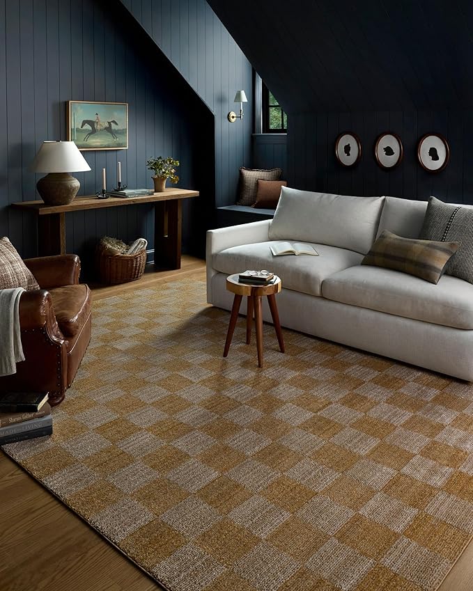 Loloi Chris Loves Julia Calvin Collection CLV-01 Apricot/Ivory 6'-3" x 9'-6" Area Rug Checkered Neutral Soft Living Room Bedroom Carpet