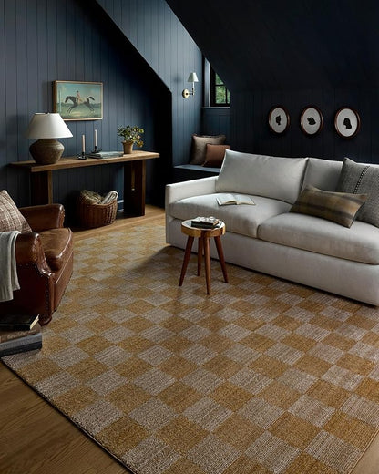 Loloi Chris Loves Julia Calvin Collection CLV-01 Apricot/Ivory 7'-10" x 10' Area Rug Checkered Neutral Soft Living Room Bedroom Carpet