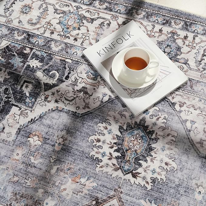 Rugcomf Vintage Medallion Living Room Rug 5'x7' - Machine Washable Area Rug, Non-Slip Low Pile Boho Carpet for Bedroom, Dining Room, Farmhouse, Office, Kids Playroom - Grey and White