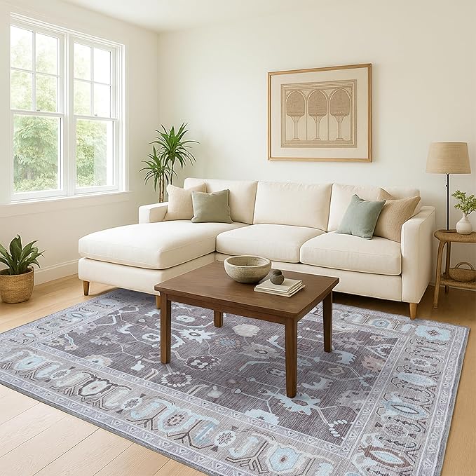 Brown Oushak Rug, Modern, Vintage, Turkish, Eclectic, Floral, Pastel, Washable, Area Rugs for Living Room, Dining, Bedroom, Nursery, Girls, Boys, 5'9"x8'9"