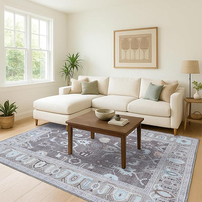 Fame Living Brown Oushak Rug, Modern Small Rugs, Vintage, Turkish, Eclectic, Floral, Pastel, Washable, Door Mat, Doormat for Indoor Entrance, Entryway, Kitchen, Bathroom, Bedroom, Laundry, 2'x3'