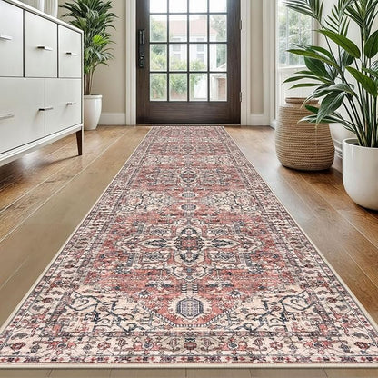 KOZYFLY Long Runners for Hallways 2x10 Ft Washable Kitchen Runner Rug Boho Style Entryway Rug Indoor Printed Faux Wool Stair Runner Carpet for Stairs Bedroom Kitchen Hall, Terracotta/Beige