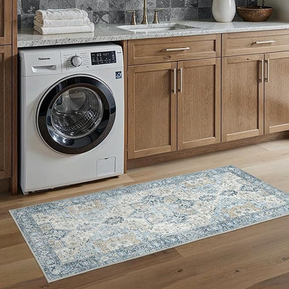 Runner Rug 2'6''x5,Non Slip Vintage Machine Washable Runner Rug, Low Pile Lighrweight Rugs for Entryway, Hallway, Kitchen and Corridor, Blue