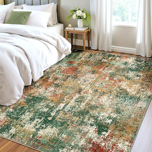Washable Area Rugs 7'x9' Non-Slip Modern Abstract Soft for Living Room Entryway Bedroom Nursery, Print Pattern, Green Orange Rust Red Cream Colorful