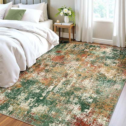 Washable Area Rugs 6'x8' Non-Slip Modern Abstract Soft for Living Room Entryway Bedroom Nursery, Print Pattern, Green Orange Rust Red Cream Colorful