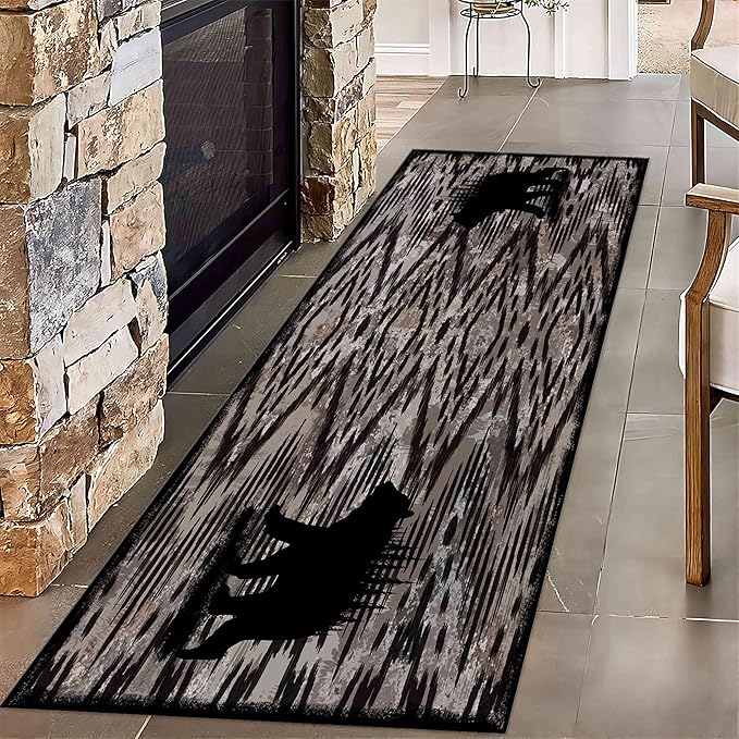Rustic Cabin Runner Rug, 2.6x10ft, Vintage Lodge Wood Grain Wild Animal Black Bear Print Long Hallway Rug, Non-Slip Washable Carpet with Rubber Backing for Hallway Walkway Entry Foyer