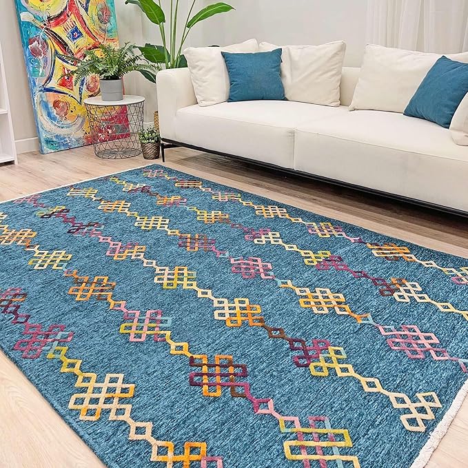 Alfa Rich 4x6 Moroccan Blue Washable Area Rugs for Living Room Bedroom Kitchen Decor Cotton Rug