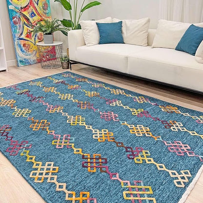 Alfa Rich 3x10 Moroccan Blue Washable Area Rugs for Living Room Hallway Kitchen Decor Cotton Runner