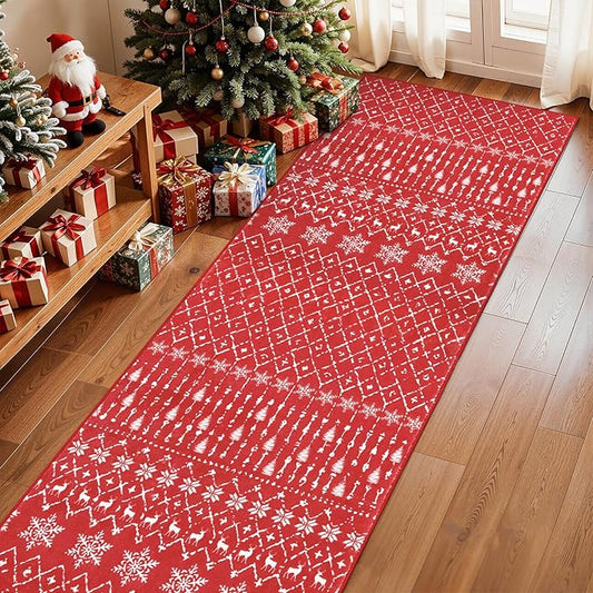 Lahome Christmas Runner Rug 2x8 for Hallway Red Non Slip Washable Runners for Kitchen Low Pile Carpet Moroccan Snowflake Throw Rug for Kitchen Entryway Laundry Narrow Space Xmas Holiday Decor