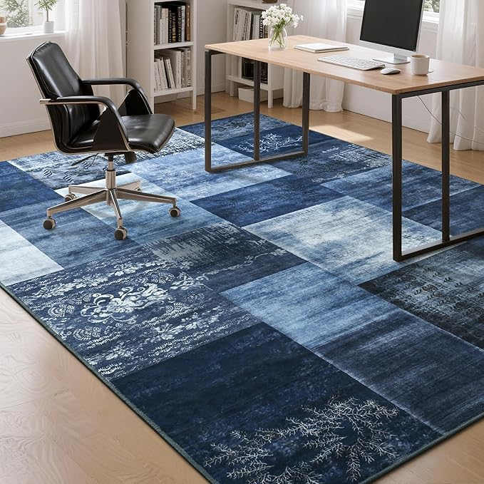 Tepook Modern Area Rug for Living Room, 5x7 Geometric Large Rugs for Bedroom, Washable Patchwork Rug Indoor Non-Slip Throw Carpets for Dining Room Office Farmhouse Home Decor, Blue