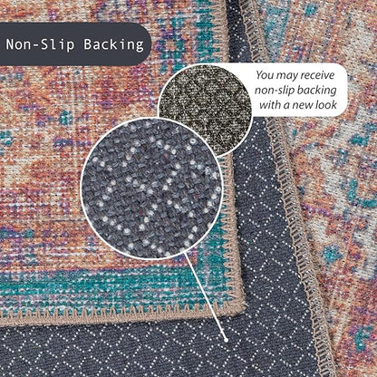 GLN Rugs Traditional Collection - Machine Washable Area Rug, Traditional Washable, Non Slip, Low Pile Chenille Rug, Living Room, Bedroom, Kitchen Rug (3' x 5' Terra/Green)