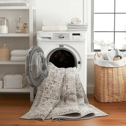 ReaLife Rugs Machine Washable Area Rug Runner - Living Room Bedroom Bathroom Kitchen Entryway Office - Padded Low Pile Stain Resistant Premium - Boho Farmhouse Vintage - Paz - Beige Gray Ivory 3'x5'