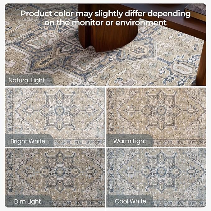 Kokia 8x10 Washable Area Rugs Blue with Vintage Orient Design, Soft Rug for Living Room or Bedroom, Non-Slip Low Pile Stain Resistance Features, Distressed Medallion Pattern