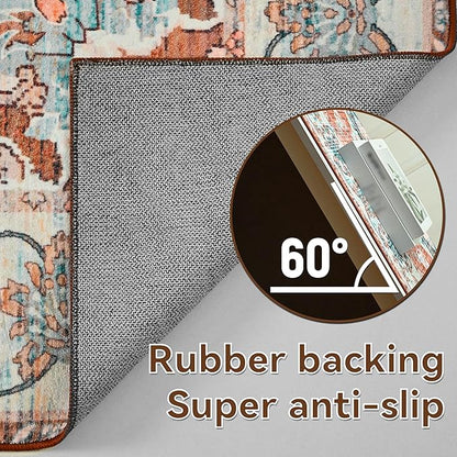 YJ.GWL Area Rugs for Living Room 9x12 Machine Washable Rugs, Non Slip Floral Vintage Rug Indoor Carpet, Stain Resistant Large Rug for Bedroom Dining Room, Copper Tan