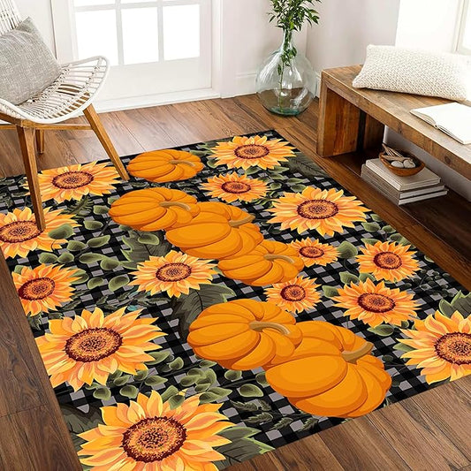 Autumn Style Area Carpet, 5x6ft, Checkered with Sunflower and Pumpkin Fall Harvest Large Flower Rug, Fluffy Short Pile Rubber Backed Farmhouse Door Mat for Study Room Front Door