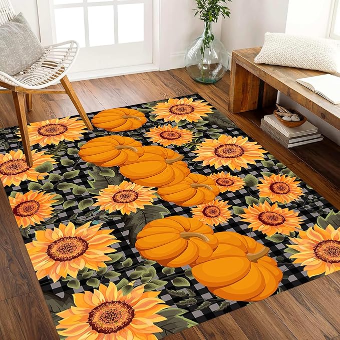 Autumn Style Area Carpet, 3x5ft, Checkered with Sunflower and Pumpkin Fall Harvest Large Flower Rug, Fluffy Short Pile Rubber Backed Farmhouse Door Mat for Study Room Front Door
