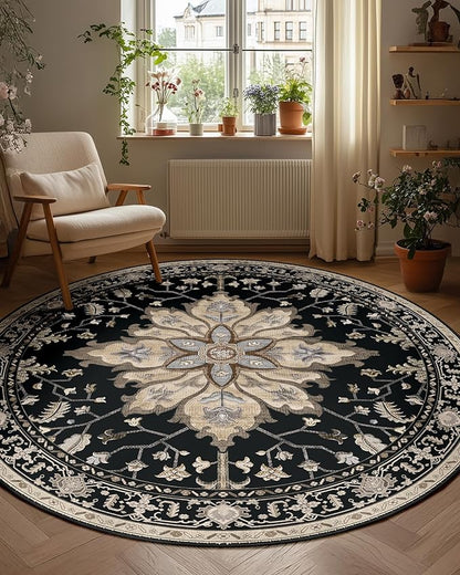 Area Rugs 7ft Washable Non-Slip, Floral Vintage Distress Print Pattern Medallion Carpet for Living Room Bedroom Dining Room, Black Brown Neutral Dark Tan
