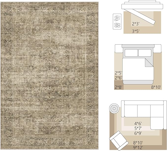 Fmfunctex 9x12 Washable Area Rug Brown Vintage Neutral Distressed Oriental Large Non Slip Carpet for Living Room Bedroom Soft Low Pile Indoor Mat Retro Throw Rug for Dining Room Kitchen Office Nursery