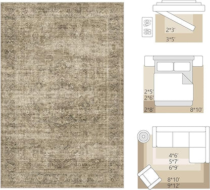FMFUNCTEX Entryway Rug 2x3 Washable Brown Vintage Distressed Oriental Door Mat Non Slip Low Pile Indoor Carpet Soft Retro Small Throw Area Rugs for Entry Way Entrance Bedroom Kitchen Bathroom Laundry