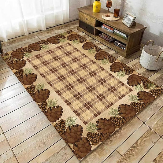 Cabin Pine Cones Area Rug 5x6ft for Living Room, Brown Buffalo Plaid Indoor Anti-Slip Large Area Rug Rustic Style Rugs for Bedroom, Lodge Living Rugs With Pine Cones, Throw Area Rug for Farmhouse
