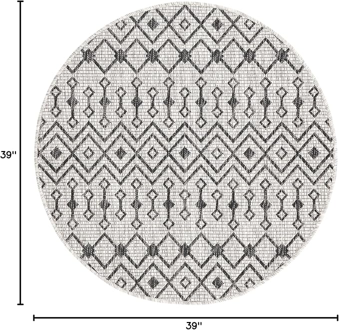 Unique Loom Outdoor Trellis Collection Area Rug - Tribal Trellis (3' 3" Round, Gray/ Black)