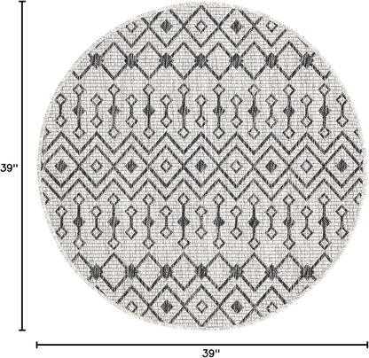 Unique Loom Outdoor Trellis Collection Area Rug - Tribal Trellis (3' 3" Round, Gray/ Black)