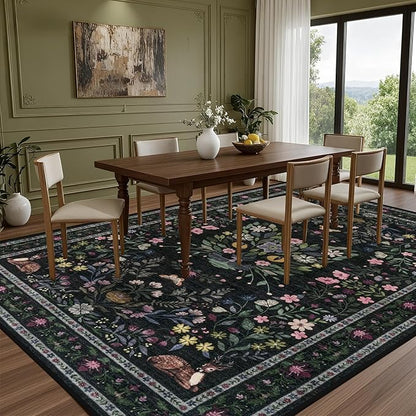 5x7 Area Rugs Living Room Rug: Vintage Washable Rug Floral Soft Carpet Indoor Floor Non-Slip Boho Stain Resistant Large Carpets for Bedroom Kids Nursery Dining Room Farmhouse Home Office Black/C02