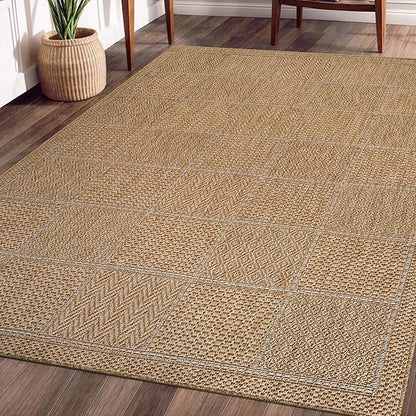 Beverly Rug Easy Jute Checkered Squared Rug 8x10 Washable Durable Indoor Outdoor Area Rugs for Living Dining Room Patio Office Stain Resistant Non Shedding Casual Indoor Outside Carpet 8 x 10 Natural