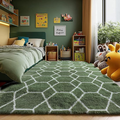 ONASAR Area Rugs for Bedroom Living Room, Washable 4x6 Fluffy Olive Green and White Throw Rug, Shaggy Geometric Floor Mat for Home Decor Aesthetic, Soft Plush Fuzzy Carpet for Nursery Kids Teen Dorm