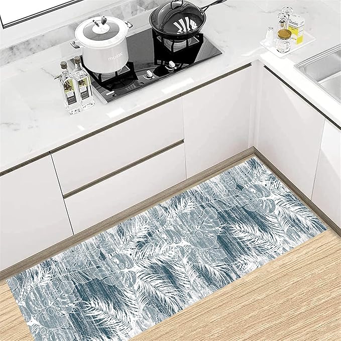 Blue White Tropical Runner Rug 2x7ft - Indoor Outdoor Non-Shedding Washable Carpet, Soft Durable Floor Mat for Patio, Hallway, Kitchen, Living Room