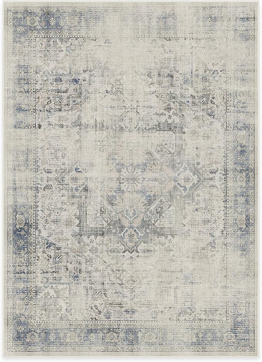RUGGABLE Washable Vintage Area Rug – Kamran Blue Quartz 5x7, Stain-Resistant, Non-Slip – Medium Machine Washable Rugs for Living Room, Bedroom, Hallway, Entryway & Office–with Standard Pad