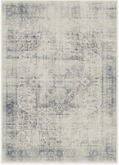 RUGGABLE Washable Vintage Area Rug – Kamran Blue Quartz 5x7, Stain-Resistant, Non-Slip – Medium Machine Washable Rugs for Living Room, Bedroom, Hallway, Entryway & Office–with Cushioned Pad