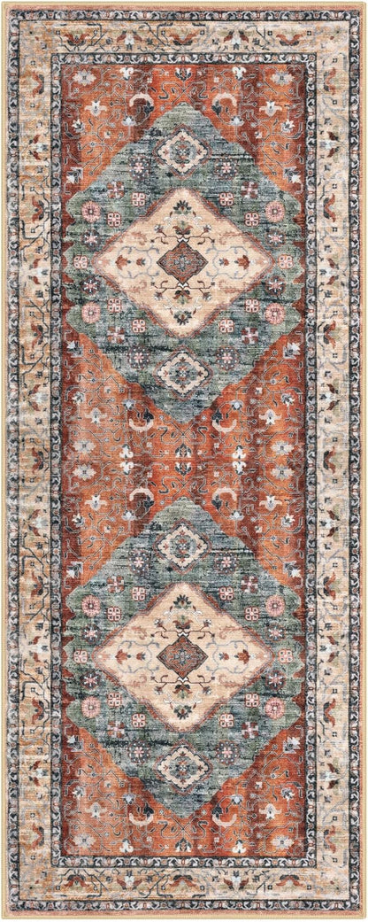 KOZYFLY Runners for Hallways 3x8 Ft Washable Kitchen Runner Rug Boho Runner Rug for Entryway Indoor Rust/Orange/Blue Printed Oriental Faux Wool Floor Carpet Runner for Bedroom Kitchen Hall