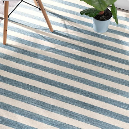Home Conservatory Ladder Stripe Blue/Ivory Handwoven Wool 2.5 X 8 Feet, Blue/Ivory Stripe Pattern