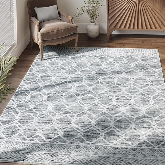 jinchan 3x5 Area Rugs for Entryway - Machine Washable Modern Rug Kitchen Stain Resistant Non-Slip Ultra-Thin Low-Pile Geometric Carpet for Entrance Bedroom Living Room (3x5ft, Grey)