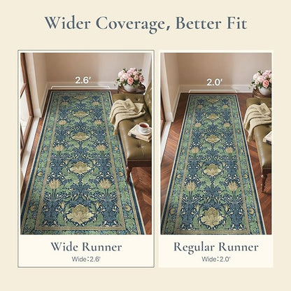 Bavni 2'6''x10 Runner Rug,Microfiber Washable Non-Slip Vintage Floral Rugs,Low Pile Lightweight Carpet for Bedroom,Hallway,Entryway,Kitchen,Bathroom, Tea Green/Blue