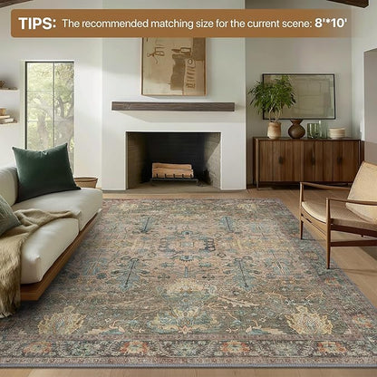 Bavni Area Rug 3x5, Non-Slip Washable Rugs for Living Room Office, Boho Distressed Printed Rug, Low Pile Foldable Decorative Carpet for Bedroom Kitchen Office, Olive Green
