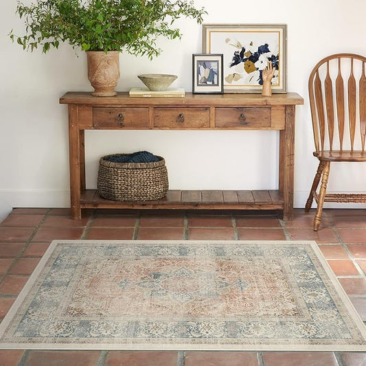 RUGGABLE Washable Vintage Area Rug – Sarrah Coral 3x5, Stain-Resistant, Non-Slip – Small Machine Washable Rugs for Living Room, Bedroom, Hallway, Entryway & Office–with Standard Pad