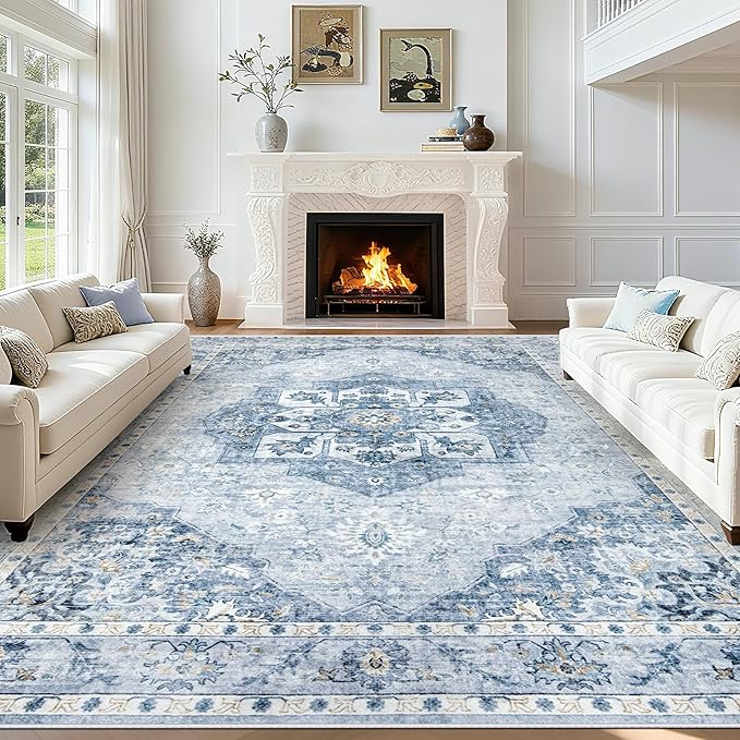 9x12 Area Rugs Washable Rugs for Living Room, Large Vintage Boho Rug Non-Slip Soft Floral Distressed Rug Low Pile Stain Resistant Carpet for Bedroom Nursery Office Dining Room Farmhouse(Blue, 9'x12')