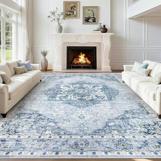 9x12 Area Rugs Washable Rugs for Living Room, Large Vintage Boho Rug Non-Slip Soft Floral Distressed Rug Low Pile Stain Resistant Carpet for Bedroom Nursery Office Dining Room Farmhouse(Blue, 9'x12')