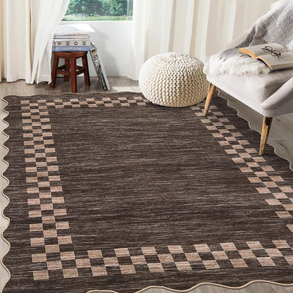 GarveeHome 8x10 Area Rug for Living Room Scalloped Washable Large Bedroom Rug Non Slip Stain Resistant Modern Border Dining Room Throw Carpet Scalloped Boho Rug for Home Decor Office Nursery, Brown