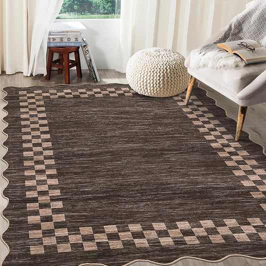 GarveeHome 8x10 Area Rug for Living Room Scalloped Washable Large Bedroom Rug Non Slip Stain Resistant Modern Border Dining Room Throw Carpet Scalloped Boho Rug for Home Decor Office Nursery, Brown