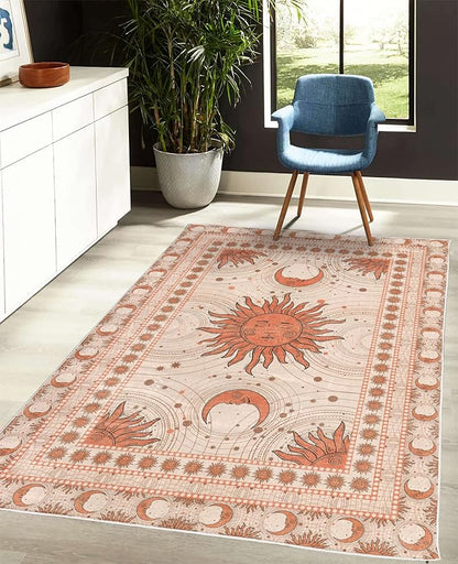 Ambesonne Sun and Moon Decorative Rug, Bohemian Artwork Design of Crescent Solar Ornament Esoteric Stars Ornaments, Quality Carpet for Bedroom Dorm and Living Room, 5' 1" X 7' 5", Burnt Sienna
