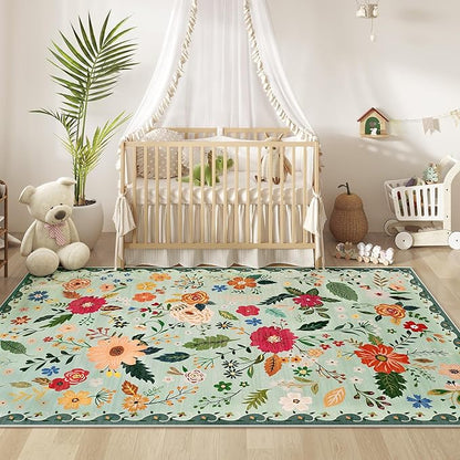 5x7 Washable Rug for Living Room, Green Floral Area Rug, Non Slip Low Pile Soft Flower Carpet, Large Rugs for Bedroom, Dining Room, Office, Kids Playroom, Nursery, Sage Green