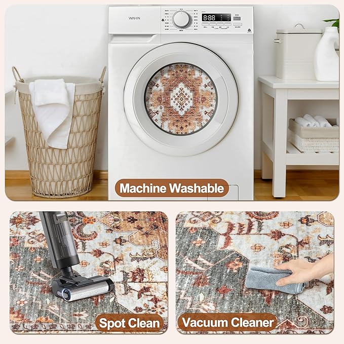 Tangsoo 2.6x8 Washable Runner Rug for Hallways, Non Slip Vintage Runner, Soft Low Pile Long Rug Runner, Print Distressed Turmeric Carpet Runners for Kitchen Bedroom Entryway Bathroom Living Room