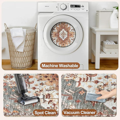 Tangsoo 5x7 Area Rug Washable Rugs for Living Room, Vintage Indoor Non Slip Large Area Rugs, Print Distressed Turmeric Carpet, Soft Low Pile Rug Foldable Floor for Bedroom Dining Room Dorm