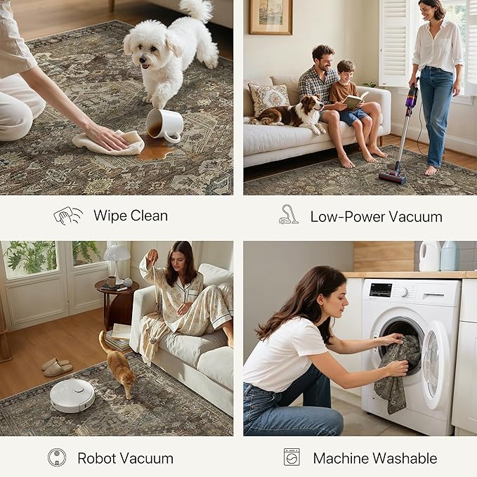 Bavni Washable Entry Rug 2x3, Non Slip Door Mat for Entryway or Kitchen, Vintage Print Low Pile Ultra Thin Indoor Rug, Brown